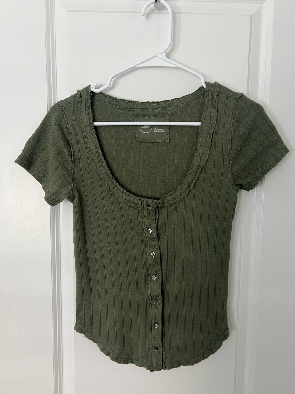 aerie Olive Green Ribbed Button-Front Short Sleeve Top